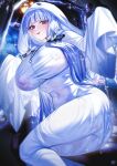  1girl absurdres ass azur_lane bed_sheet blue_eyes breasts cleavage closed_mouth commentary_request covered_navel covered_nipples ghost_costume grey_hair halloween halloween_costume highres huge_breasts illustrious_(azur_lane) illustrious_(wandering_glow_of_midnight)_(azur_lane) jack-o'-lantern jewelry large_breasts long_hair naked_costume naked_sheet necklace official_alternate_costume sheet_ghost smile solo tansuan_(ensj3875) tongue tongue_out 