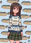  1girl alt_text animal_background brown_eyes brown_hair collarbone commentary english_commentary fih_(meme) fish glasses highres long_hair looking_at_viewer meme minakami_mai nichijou plaid_clothes plaid_skirt skirt solo subzerofrog sweater translated 