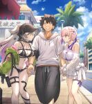  1boy 2girls bare_shoulders baseball_cap bikini black_bikini black_hair black_hands black_hat breast_press breasts colored_extremities colored_inner_hair commentary_request demon_girl demon_horns fate/grand_order fate_(series) flower fujimaru_ritsuka_(male) fujimaru_ritsuka_(male)_(summer_street) girl_sandwich grey_hair hair_flower hair_intakes hair_ornament hair_over_one_eye hat highres holding_another's_arm hood hoodie horns jacket lilith_(fate) lilith_(swimsuit_rider)_(first_ascension)_(fate) long_hair long_sleeves mash_kyrielight mash_kyrielight_(swimsuit_of_perpetual_summer_ver.03) multicolored_hair multiple_girls navel open_mouth pants pink_hair ponytail purple_bikini purple_eyes purple_hair ribbon sandwiched see-through_clothes see-through_shrug shirt shoori_(migiha) short_hair short_ponytail shrug_(clothing) skirt swimsuit white_hoodie white_shrug white_skirt zipper_bikini 
