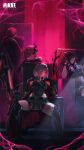  1boy 3girls aura black_gloves black_horns black_leotard black_skirt blonde_hair blue_eyes breasts cape commander_(nikke) commentary drake_(great_villain)_(nikke) drake_(nikke) electricity english_commentary english_text evil_smile gloves glowing glowing_eyes goddess_of_victory:_nikke grave_(nikke) hair_between_eyes hair_over_one_eye highres hood hood_up horns jacket large_breasts leotard liquid_clothes long_hair looking_at_viewer mask multiple_girls official_alternate_costume official_art red_eyes short_hair sidelocks single_horn sitting skirt smile white_hair ziz_(nikke) 