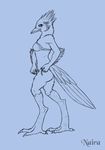  beak bird blue_background blue_jay blue_theme bow bra butt claws feather_hair female looking_at_viewer monochrome naira panties plain_background ribbons side_view solo standing stella svadil_(character) toe_claws underwear undressing winged_arms 