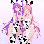  2girls animal_ear_hairband animal_ears animal_print armband asymmetrical_bangs bare_arms bare_shoulders black_gloves bow bowtie breasts cleavage closed_eyes collar commentary cow_print cow_print_leotard cow_print_thighhighs detached_collar eiyuu_densetsu english_commentary facing_viewer fake_animal_ears fake_tail full_cleavage gloves hair_between_eyes hair_ribbon hairband half_gloves hanabi_(byhanabi) hand_on_own_thigh high_heels highleg highleg_leotard highres kai_no_kiseki kuro_no_kiseki_(series) large_breasts legs leotard lipstick long_hair long_sidelocks makeup medium_breasts multiple_girls nadia_rayne pantyhose pink_background pink_bow pink_bowtie pink_hair pink_lips playboy_bunny print_thighhighs puckered_lips purple_bow purple_bowtie purple_hair purple_shoes rabbit_ear_hairband rabbit_ears rabbit_tail red_ribbon renne_(eiyuu_densetsu) ribbon shoes side-by-side sidelocks simple_background strapless strapless_leotard swept_bangs tail thighhighs tress_ribbon twintails upper_body watermark white_collar white_gloves white_wrist_cuffs wispy_bangs wrist_cuffs 
