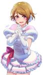  1girl absurdres blush bow bow_hairband breasts brown_hair capelet collared_shirt dress earmuffs frilled_dress frills fur-trimmed_capelet fur-trimmed_dress fur-trimmed_gloves fur_trim gloves hair_between_eyes hairband highres interlocked_fingers koizumi_hanayo layered_dress looking_at_viewer love_live! love_live!_school_idol_project medium_breasts open_mouth own_hands_clasped own_hands_together pink_capelet purple_eyes raised_eyebrows shirt short_dress short_hair simple_background smile snow_halation solo swept_bangs under-elbow_gloves waist_bow white_background white_dress white_gloves yatoroku yellow_hairband 