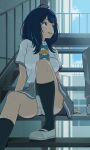  1girl 1other :d absurdres ahoge arms_behind_back black_socks blue_bow blue_bowtie blue_eyes blue_hair blue_sky blunt_bangs bow bowtie breasts collared_shirt commentary_request day dress_shirt foot_out_of_frame grey_skirt highres knee_up kneehighs large_breasts looking_to_the_side make_heroine_ga_oo_sugiru! mary_janes medium_hair miniskirt open_mouth outdoors panties pantyshot pleated_skirt school_uniform shirt shoes short_sleeves sitting sitting_on_stairs skirt sky smile socks solo_focus stairs teeth thighs tsuwabuki_high_school_uniform underwear upper_teeth_only white_panties white_shirt white_shoes yanami_anna yellow_bow yellow_bowtie ypuretonyoba 