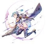  1girl 404_game_re:set anode_(404_game_re:set) black_boots blue_hair boots cannon energy_barrier full_body gloves green_eyes holding holding_cannon leotard long_hair looking_at_viewer looking_to_the_side official_art open_mouth personification shirt simple_background solo space_harrier thigh_boots thighs third-party_source twintails white_background white_gloves white_leotard yellow_shirt yuugen 