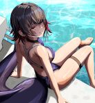  1girl absurdres alternate_costume barefoot black_choker black_hair blue_one-piece_swimsuit blush breasts choker closed_mouth colored_inner_hair commentary_request day ellen_joe feet fins fish_tail from_above from_behind highres large_breasts looking_at_viewer multicolored_hair one-piece_swimsuit outdoors pool poolside red_eyes red_hair rrrr_(user_krky7724) shark_girl shark_tail short_hair sitting smile solo swimsuit tail thigh_strap thighs toes two-tone_hair water zenless_zone_zero 