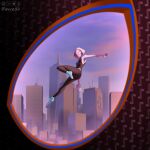  1boy 1girl aqua_shoes artist_name avyc02 black_bodysuit bodysuit breasts cityscape commentary dynamic_pose english_commentary eye_focus eye_reflection full_body head_only highres hood hood_up knee_up legs_apart looking_at_another marvel midair miles_morales multicolored_bodysuit new_york_city one_world_trade_center outdoors outstretched_arms reflection reflection_focus shoes small_breasts solid_eyes spider-gwen spider-man:_into_the_spider-verse spider-man_(series) spider-verse spider_web_print spread_arms superhero_costume white_sleeves 
