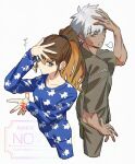  1boy 1girl archer_(fate) archer_(night_style)_(fate) blue_pajamas brown_eyes brown_hair brown_kimono commentary_request dark-skinned_male dark_skin fate/extra fate/extra_record fate_(series) highres japanese_clothes kimono kishinami_hakuno_(female) kishinami_hakuno_(female)_(night_style) korokororing3 long_hair pajamas signature simple_background spiked_hair white_background white_hair 