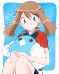  1girl absurdres blue_background blue_eyes border brown_hair closed_mouth commentary_request hair_between_eyes highres holding holding_pokemon hsym_2323 may_(pokemon) outside_border pokemon pokemon_(anime) pokemon_(creature) pokemon_the_series:_ruby_and_sapphire red_shirt shirt short_sleeves smile solo swablu twitter_username white_border 