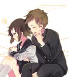  1girl brown_eyes brown_hair couple english fukube_satoshi gakuran hyouka ibara_mayaka open_mouth pink_eyes school_uniform serafuku short_hair takumi_(scya) 