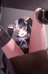  1girl 3d :d absurdres accidental_exposure arm_warmers ass asymmetrical_legwear black_arm_warmers black_dress black_hair black_nails black_panties blush bow breasts ceiling claw_pose commentary dress english_commentary fangs from_below grey_hair hair_ornament hands_up highres hololive hololive_english indoors jewelry looking_at_viewer looking_back looking_down looking_through_own_legs medium_breasts mismatched_legwear multicolored_hair multiple_rings nail_polish open_mouth panties pantyshot ring shiori_novella shiori_novella_(1st_costume) short_hair sitting sixryder smile socks solo split-color_hair striped_arm_warmers striped_clothes striped_socks sweatdrop thighs two-tone_hair underwear upskirt virtual_youtuber white_bow white_hair yellow_eyes 