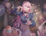  2girls absurdres balloon bang_dream! bang_dream!_it's_mygo!!!!! birthday_cake black_choker blacky1266859 blue_jacket cake chihaya_anon chinese_commentary choker commentary_request crop_top cropped_jacket cupcake fang food grey_eyes highres jacket long_hair long_sleeves looking_at_viewer midriff multiple_girls navel one_eye_closed pink_hair solo_focus taking_picture teeth 