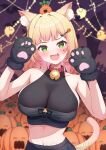  1girl animal_collar animal_ear_fluff animal_ears animal_hands bare_arms bare_shoulders bell belt_collar black_tube_top blonde_hair blush breasts cat_ears cat_girl claw_pose collar collared_shirt colored_inner_hair commentary_request creature_on_head crop_top fang gloves green_eyes hair_ornament hairclip halloween halter_shirt halterneck hands_up highres hololive jack-o'-lantern jack-o'-lantern_hair_ornament jingle_bell kemonomimi_mode large_breasts layered_shirt linea_alba long_hair looking_at_viewer mark_under_eye midriff momosuzu_nene multicolored_hair navel neck_bell nekko_(momosuzu_nene) open_mouth paw_gloves pink_hair red_collar see-through_cleavage see-through_clothes shiny_clothes shiny_skin shirt skin_fang solo sticker sticker_on_face strapless suicabar72 tube_top twitter_username v-shaped_eyebrows virtual_youtuber w_arms watermark 