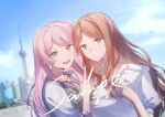  2girls bang_dream! bang_dream!_it's_mygo!!!!! blue_eyes brown_hair chihaya_anon chinese_commentary closed_mouth commentary_request fang flower_stand_art grey_eyes highres jewelry long_hair multiple_girls muonrei00 nagasaki_soyo necklace open_mouth oriental_pearl_tower pink_hair shanghai shirt sidelocks teeth white_shirt 