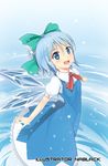  artist_name blue_dress blue_eyes blue_hair blush bow cirno dress hair_bow ice kuro-kun_(nablack) open_mouth ribbon shirt short_hair smile solo touhou water white_shirt wings 