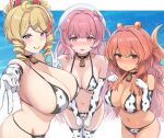  3girls absurdres animal_print bell beret bikini blonde_hair blush bonnibelle_amai bow breasts brown_eyes cleavage closed_mouth collarbone commission cow_print cow_print_bikini cow_print_gloves cow_print_thighhighs cowbell drill_hair drill_sidelocks elbow_gloves embarrassed enumiyaa full_cleavage gloves hair_between_eyes hair_bow hair_intakes hair_ornament hairclip hands_up hat heart heart_hair_ornament heartsync highres huge_breasts indie_virtual_youtuber kumu_cotton large_breasts medium_breasts multicolored_hair multiple_girls navel neck_bell ocean orange_hair parted_lips pink_bow pink_eyes pink_hair pink_streaks print_bikini print_gloves print_thighhighs purple_eyes side_drill sidelocks siena_olena skeb_commission smile stingray_girl stingray_tail stomach streaked_hair sweatdrop swimsuit thighhighs thighs v virtual_youtuber water white_hat white_streaks 