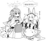  2girls :> animal_ear_hairband animal_ears bag blue_archive capelet commentary_request cow_ear_hairband cow_ears cow_horns crescent_wing_ornament cross_halo dress fake_animal_ears fake_horns hair_between_eyes hair_bun hairband halo highres holding holding_bag horns light_blush long_hair looking_at_another low_wings mika_(blue_archive) monochrome multiple_girls necktie seia_(blue_archive) sidelocks simple_background single_hair_bun sleeves_past_fingers sleeves_past_wrists smile white_background wings yun_(dust-i1) 
