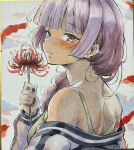  1girl absurdres blunt_bangs blunt_sidelocks blush bocchi_the_rock! braid breasts cloud day disheveled dress flower from_behind goumonsha green_dress hair_over_shoulder highres hiroi_kikuri holding holding_flower jacket jacket_partially_removed looking_at_viewer looking_back loose_hair_strand off_shoulder outdoors purple_eyes purple_hair shoulder_blades sidelocks single_braid small_breasts solo spaghetti_strap spider_lily strap_slip track_jacket traditional_media upper_body 