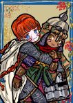  2girls :3 :d anna_fra_nil armor blue_border blue_bow blue_eyes blunt_bangs blush border bow braid brown_background brown_gloves brown_hair cape chainmail christianity commentary_request gloves great_helm hair_bow helmet highres holding holding_unworn_helmet hug islam knight medieval multiple_girls multiple_hair_bows orange_hair original ornate_border scale_armor scar scar_on_face smile templar twin_braids unworn_headwear unworn_helmet white_cape yellow_eyes 