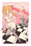  1boy 2girls absurdres amane_misa amane_misa_(cosplay) blonde_hair bomber_jacket cellphone cellphone_charm charm_(object) commentary cosplay cross death_note earrings english_commentary english_text garter_straps hat highres indoors jacket jewelry latin_cross long_hair mogi_kanzou multiple_girls nori_(death_note) nurse_cap phone running suit thighhighs tinycrescent two_side_up vase 