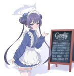  1girl :d absurdres alternate_costume apron black_hair blue_archive blue_jacket blush breasts butterfly_hair_ornament commentary cowboy_shot dollar_sign double_bun english_commentary english_text frilled_apron frills grey_eyes hair_bun hair_ornament halo hand_up highres jacket jersey_maid kisaki_(blue_archive) long_hair long_sleeves looking_at_viewer maid maid_apron maid_headdress open_mouth runarie sign simple_background skindentation small_breasts smile solo thighhighs track_jacket track_suit twintails unconventional_maid waist_apron white_apron white_background white_headdress white_thighhighs 