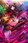  1girl absurdres alternate_breast_size_(larger) black_gloves black_hair black_shirt black_thighhighs blue_eyes boots breasts clenched_teeth commentary earrings fate/stay_night fate/unlimited_blade_works fate_(series) floating_hair gem gloves green_gem harukey highres honkai:_star_rail honkai_(series) jacket jewelry large_breasts long_hair long_sleeves necklace official_alternate_costume one_eye_closed open_clothes open_jacket pink_gem pointing pointing_at_viewer purple_gem red_gem red_jacket rin's_pendant_(fate) shirt skirt smile solo teeth thighhighs thighs tohsaka_rin tohsaka_rin_(honkai:_star_rail) very_long_hair white_boots white_skirt yellow_gem 