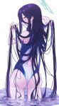  1girl aqua_halo aris_(blue_archive) aris_(c108_swimsuit)_(blue_archive) arms_up ass azuisei blue_archive competition_swimsuit from_behind gloves hair_between_eyes hair_down hair_lift hair_spread_out halo hand_in_own_hair hands_in_own_hair highleg highleg_one-piece_swimsuit highres holding_own_hair long_hair long_hair_between_eyes looking_at_viewer looking_back multicolored_one-piece_swimsuit multicolored_swimsuit one-piece_swimsuit partially_fingerless_gloves partially_submerged rectangular_halo ringed_eyes sideways_glance solo swimsuit two-tone_one-piece_swimsuit two-tone_swimsuit very_long_hair white_background white_one-piece_swimsuit 