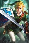 banned_artist blonde_hair blue_eyes gloves hat holding holding_sword holding_weapon jewelry left-handed link pointy_ears sakimichan shield smile sword the_legend_of_zelda watermark weapon 