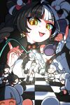  1girl bare_shoulders black_hair braid braided_twintails commentary_request corded_phone detached_sleeves dialyn_(zenless_zone_zero) dress earrings floating full_body green_nails hair_ornament highres jewelry long_hair looking_at_viewer multicolored_hair multicolored_nails necktie okuno304 open_mouth panda_hair_ornament phone red_nails split-color_hair talking_on_phone tongue upper_body white_hair yellow_eyes yellow_necktie zenless_zone_zero 