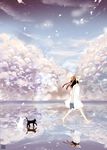  bad_id bad_pixiv_id barefoot black_hair cat cloud dress hat highres holding holding_shoes kurohal long_hair original petals reflection shoes solo sun_hat sundress walking walking_on_liquid water 