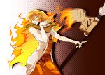  1girl animification aspheera chinese_commentary coat commentary_request cowboy_shot dengtasha dress earrings fiery_hair fingernails grin hair_between_eyes hand_up highres holding holding_polearm holding_weapon hoop_earrings humanization jewelry long_fingernails long_hair looking_to_the_side ninjago orange_dress orange_eyes orange_hair orange_nails polearm scroll sleeveless sleeveless_coat smile smirk solo very_long_hair weapon white_coat 
