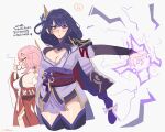  2girls bare_shoulders black_thighhighs blush breasts cleavage closed_eyes commentary cropped_legs electricity english_commentary genshin_impact grey_background highres japanese_clothes kimono multiple_girls obi pink_hair purple_hair purple_kimono raiden_shogun red_skirt sash simple_background skirt standing thighhighs thighs unfamousradish yae_miko 