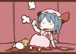  adomi bat_wings blue_hair comic hat hat_ribbon letterboxed millipen_(medium) open_mouth remilia_scarlet ribbon silent_comic solo spilling stuffed_animal stuffed_toy teapot teddy_bear touhou traditional_media wavy_mouth wings 