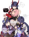  4girls absurdres acheron_(honkai:_star_rail) beliora_vike black_gloves blue_eyes bluesky_username blush breasts bridal_gauntlets cleavage clone_harem closed_mouth commentary cyrene_(demiurge)_(honkai:_star_rail) cyrene_(honkai:_star_rail) elf elysia_(honkai_impact) elysia_(miss_pink_elf)_(honkai_impact) english_commentary english_text genshin_impact gloves hair_ornament highres honkai:_star_rail honkai_(series) honkai_impact_3rd horns hug inoue_marina jacket japanese_clothes kimono large_breasts long_hair long_sleeves looking_at_another mihoyo multiple_girls nail_polish pink_hair pointy_ears purple_bridal_gauntlets purple_eyes purple_hair purple_kimono purple_nails raiden_mei raiden_mei_(herrscher_of_thunder) raiden_shogun red_horns remielle_dan sawashiro_miyuki shirt simple_background smile taking_another's_hand voice_actor_connection white_background white_jacket white_shirt yanning yuri zanqi 