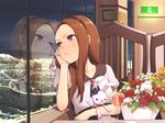  blush brown_eyes brown_hair chin_rest dress flower glass hairband hitoto idolmaster idolmaster_(classic) long_hair looking_away minase_iori reflection solo stuffed_animal stuffed_bunny stuffed_toy table 