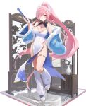  1girl absurdres aemeath_(wuthering_waves) ahoge bare_shoulders blue_jacket breasts chinese_clothes cleavage closed_mouth clothes_down commentary diorama dress folded_fan folding_fan full_body hair_ornament hand_fan highres holding holding_fan jacket jewelry ki_rin_9 large_breasts long_hair looking_at_viewer orange_eyes pink_hair ponytail qipao shoes socks solo tacet_mark_(wuthering_waves) thighlet transparent_background white_dress white_shoes white_socks wuthering_waves 