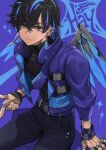  1boy arm_support artist_name belt black_hair black_pants black_shirt blue_background blue_belt blue_hair blue_jacket blue_streaks blue_wings borrowed_character bracelet brown_eyes character_name closed_mouth collared_jacket commentary commission cowboy_shot ear_piercing earrings eyelashes eyeshadow hair_between_eyes hand_up headphones headphones_around_neck highres index_finger_raised jacket jewelry jun_(navigavi) light_smile long_sleeves looking_at_viewer makeup male_focus mechanical_wings mismatched_earrings multicolored_hair multiple_rings nose open_clothes open_jacket orange_eyeshadow original pants piercing pointing ring shadow shirt short_hair shuriken_earrings signature simple_background sitting skeb_commission solo sparkle streaked_hair tassel tassel_earrings tight_clothes tight_shirt turtleneck turtleneck_shirt two-tone_hair wings wristband 