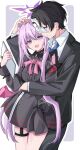  1boy 1girl :d :t black_hair black_jacket blue_archive blue_archive_the_animation blue_necktie blush boots border bow brooch center_frills choker collared_shirt commentary demon_girl demon_wings detached_sleeves doodle_sensei_(blue_archive) dress eugeo_032 fang frilled_dress frilled_shirt frills furrowed_brow grey_background hair_bun halo hand_on_another's_head heart heart_brooch heart_ornament highres holding holding_tablet_pc hug hug_from_behind jacket jewelry jirai_kei karen_(blue_archive) long_hair long_sleeves looking_at_another low_wings necktie open_mouth outline outside_border paper_on_head pink_hair pink_wings pout purple_eyes purple_halo sensei_(blue_archive) sensei_(blue_archive_the_animation) shirt shy simple_background single_wing skin_fang skindentation smile suit_jacket tablet_pc teacher_and_student thigh_strap thighs twintails very_long_hair white_border white_outline white_shirt wings 