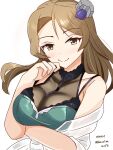  1girl aqua_dress blush breasts brown_eyes brown_hair cloak cocktail_dress commentary_request dated dress green_cloak hair_ornament highres houston_(anniversary)_(kancolle) houston_(kancolle) kantai_collection large_breasts long_hair looking_at_viewer official_alternate_costume one-hour_drawing_challenge sawatani_(chevalier_04056) see-through_cleavage see-through_clothes simple_background smile solo twitter_username 