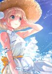  1girl blonde_hair breasts closed_mouth commentary_request dress earrings green_eyes hat highres jewelry looking_ahead medium_breasts original sarad_udon sash shigure_ui_(vtuber) sleeveless sleeveless_dress smile solo straw_hat virtual_youtuber waist_sash water white_dress wind yellow_sash 