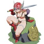  1girl armor bikini_armor boots breasts cleavage closed_mouth commentary_request dragon_quest dragon_quest_iii elbow_gloves gloves gloves_over_elbow_gloves green_eyes helm helmet highres holding holding_sword holding_weapon long_hair looking_at_viewer moss on_rock over_shoulder pauldrons pelvic_curtain purple_hair red_boots red_gloves rock shield shoulder_armor simple_background sitting solo sword thigh_strap vitad_one warrior warrior_(dq3) weapon weapon_over_shoulder white_background winged_helmet 