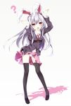  ? animal_ears arms_up black_legwear bunny_ears bunny_pose bunny_tail full_body gorilla_(bun0615) highres jacket loafers long_hair long_sleeves looking_at_viewer miniskirt open_mouth panties pantyshot pantyshot_(standing) pose red_eyes reisen_udongein_inaba shadow shirt shoes silver_hair simple_background skirt solo standing tail thighhighs touhou underwear very_long_hair white_background white_panties wind wind_lift 