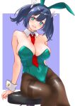  1girl absurdres animal_ear_hairband animal_ears between_breasts black_pantyhose blue_background blue_hair breasts chair cleavage clothes_between_breasts commentary detached_collar fake_animal_ears full_cleavage green_leotard hairband highres kantai_collection leotard light_blush looking_at_viewer low_neckline medium_hair necktie necktie_between_breasts nitamako_(sakamalh) open_mouth pantyhose playboy_bunny rabbit_ear_hairband rabbit_ears red_necktie revision ribbon sitting solo souryuu_(kancolle) strapless strapless_leotard thighband_pantyhose twintails white_background wrist_cuffs 