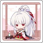  1girl bright_pupils chibi chibi_only chinese_commentary closed_mouth colored_eyelashes commentary_request cup hair_intakes hair_ribbon hakama hakama_skirt hiyuki_(wuthering_waves) holding holding_cup japanese_clothes kimono logo long_hair long_sleeves looking_at_viewer mole mole_under_eye official_art ponytail red_eyes red_hakama red_ribbon ribbon seiza sitting skirt smile solo star-shaped_pupils star_(symbol) symbol-shaped_pupils white_eyelashes white_hair white_kimono white_pupils wide_sleeves wuthering_waves yunomi 