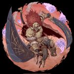  1boy animal armor attacking_viewer banner battle_standard black_border black_skin blank_eyes border bow_(weapon) breastplate cape charging_forward clenched_teeth colored_skin commentary corrupted_twitter_file desert dual_wielding elden_ring english_commentary floating_hair floating_rock foreshortening fur_trim gauntlets gold_armor helmet highres holding holding_sword holding_weapon horse horseback_riding injury leonard_(elden_ring) long_hair looking_at_viewer magic male_focus meteor no_feet ornate_armor ornate_helmet ornate_weapon pauldrons polearm red_cape red_hair red_sky riding sane_kyle shoulder_armor sky solo spear starscourge_greatsword starscourge_radahn swinging_weapon sword teeth torn_cape torn_clothes war_banner weapon 