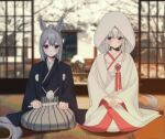  2girls absurdres animal_ears blue_eyes blue_kimono blush bride closed_mouth commentary_request dog_for_amami grey_hair grey_hakama grey_tail hair_between_eyes hakama highres hooded_kimono horse_ears horse_girl japanese_clothes kimono korean_commentary long_hair long_sleeves multiple_girls oguri_cap_(umamusume) ponytail seiza sitting smile tail tamamo_cross_(umamusume) uchikake umamusume wataboushi white_kimono 