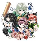  :&lt; :o animal_ears aqua_hair arm_cannon bandages banned_artist black_hair blouse book bow braid cat_ears extra_ears fangs green_eyes hair_bow hat headband heart heart_of_string hug hug_from_behind kaenbyou_rin komeiji_koishi komeiji_satori looking_at_viewer multiple_girls okoge_senbei open_mouth pink_hair pointy_ears purple_eyes red_eyes red_hair reiuji_utsuho short_hair simple_background skirt third_eye touhou twin_braids weapon white_background wings 