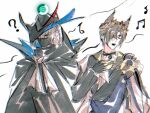  2boys ? animal_ears arknights black_cape black_gloves black_hat black_mask brown_hair cape cat_ears chinese_commentary closed_eyes commentary_request covered_mouth gameplay_mechanics gloves grey_hair hair_over_one_eye hand_on_own_chest hat highres laurel_crown male_focus mask mouth_mask multiple_boys musical_note phantom_(arknights) red_eyes short_hair simple_background singing tragodia_(arknights) two-sided_fabric two-sided_headwear ulpianus_(arknights) upper_body white_background ye_hua_br 