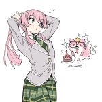  1girl animalization bang_dream! bang_dream!_it's_mygo!!!!! birthday_cake blush cake candle chihaya_anon dog eighth_note food glasses green_necktie green_skirt grey_eyes guagua977 haneoka_school_uniform long_hair long_sleeves musical_note necktie person_and_animalization pink_hair school_uniform simple_background skirt solo sparkle tail tail_wagging twitter_username tying_hair white_background 
