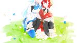  2girls ange_katrina ange_katrina_(1st_costume) arm_around_shoulder black_coat blue_butterfly blue_hair blue_neckerchief blue_skirt blue_thighhighs bug butterfly cardigan closed_eyes coat collared_shrug colored_inner_hair commentary_request crying dying eyes_out_of_frame flower frilled_skirt frilled_sleeves frills grass grin hand_on_another's_arm head_out_of_frame high-waist_skirt kneeling kuujou_haru layered_skirt legwear_garter lize_helesta lize_helesta_(1st_costume) long_hair long_sidelocks long_sleeves medium_hair miniskirt multicolored_hair multiple_girls neckerchief nijisanji off_shoulder one-eyed red_cardigan red_hair shirt shrug_(clothing) sidelocks skirt smile tears thighhighs transformation two-tone_hair virtual_youtuber white_background white_flower white_hair white_shirt white_shrug white_skirt 